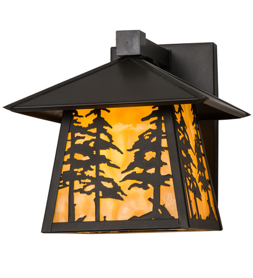Meyda Lighting Stillwater 165573 8" Craftsman Brown Tall Pines Hanging Wall Sconce With Beige Art Shade Glass