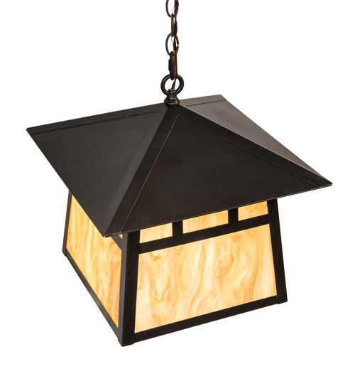 Meyda Lighting Stillwater 16"Sq 3-Light Craftsman Brown Double Bar Mission Pendant Light With Travertine Idalight Shade
