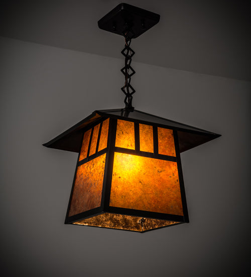 Meyda Lighting Stillwater 17" Craftsman Brown Double Bar Mission Pendant Light With Amber Mica Shade Glass