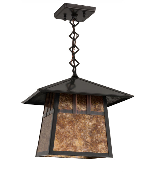 Meyda Lighting Stillwater 17" Craftsman Brown Double Bar Mission Pendant Light With Amber Mica Shade Glass