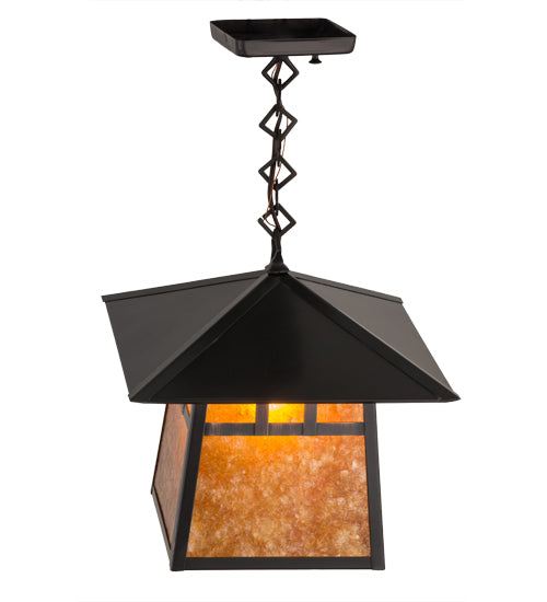 Meyda Lighting Stillwater 17" Craftsman Brown Double Bar Mission Pendant Light With Amber Mica Shade Glass