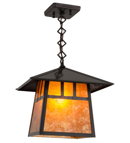 Meyda Lighting Stillwater 17" Craftsman Brown Double Bar Mission Pendant Light With Amber Mica Shade Glass