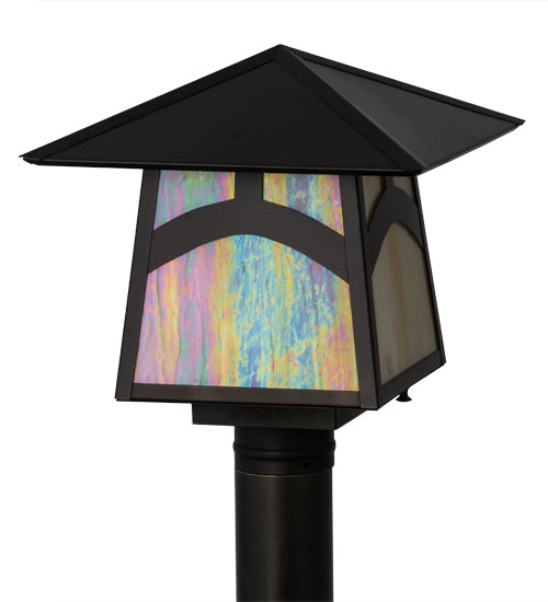 Meyda Lighting Stillwater 17" Craftsman Brown Hill Top Outdoor Post Mount Light With Beige Iridescent Shade Glass