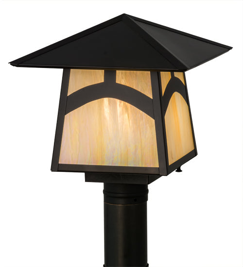 Meyda Lighting Stillwater 17" Craftsman Brown Hill Top Outdoor Post Mount Light With Beige Iridescent Shade Glass
