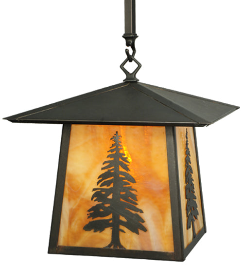 Meyda Lighting Stillwater 17" Craftsman Brown Tall Pine Pendant Light With Beige Shade Glass