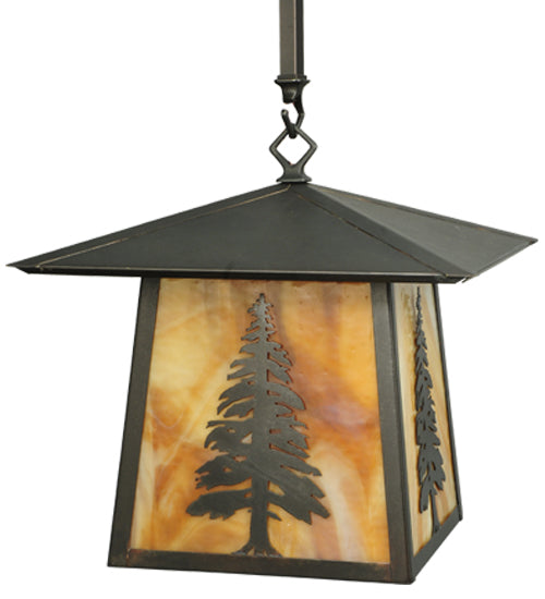 Meyda Lighting Stillwater 17" Craftsman Brown Tall Pine Pendant Light With Beige Shade Glass