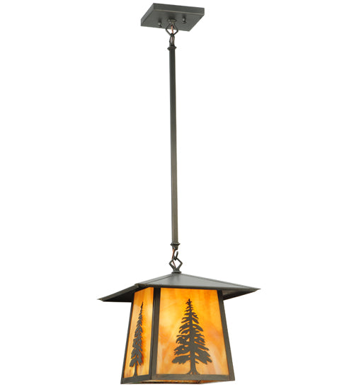 Meyda Lighting Stillwater 17" Craftsman Brown Tall Pine Pendant Light With Beige Shade Glass