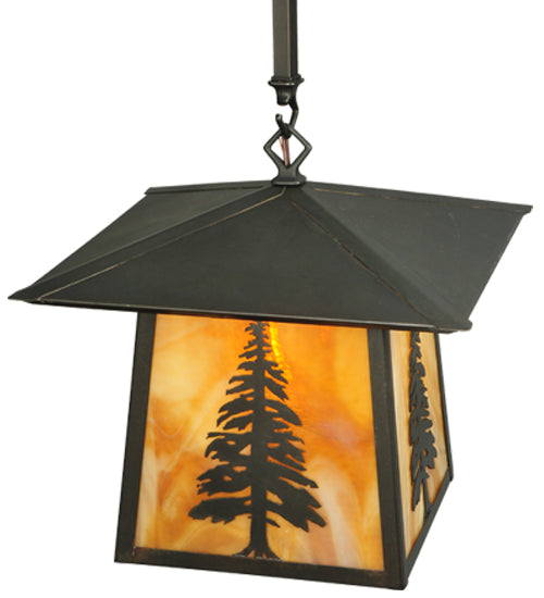 Meyda Lighting Stillwater 17" Craftsman Brown Tall Pine Pendant Light With Beige Shade Glass
