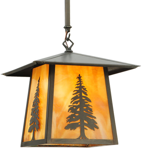 Meyda Lighting Stillwater 17" Craftsman Brown Tall Pine Pendant Light With Beige Shade Glass