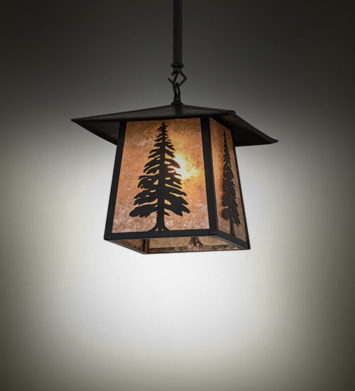 Meyda Lighting Stillwater 17" Craftsman Brown Tall Pine Pendant Light With Silver Mica Shade Glass