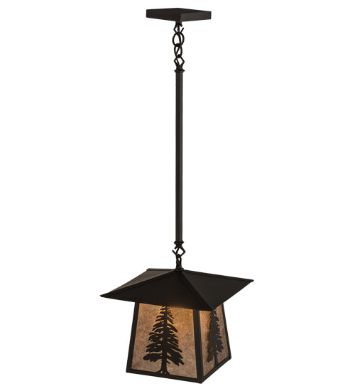 Meyda Lighting Stillwater 17" Craftsman Brown Tall Pine Pendant Light With Silver Mica Shade Glass