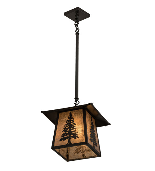 Meyda Lighting Stillwater 17" Craftsman Brown Tall Pine Pendant Light With Silver Mica Shade Glass