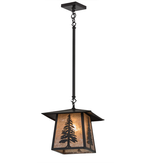 Meyda Lighting Stillwater 17" Craftsman Brown Tall Pine Pendant Light With Silver Mica Shade Glass