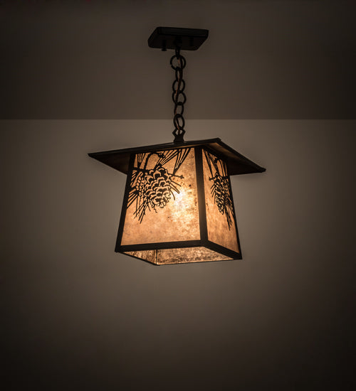 Meyda Lighting Stillwater 17" Craftsman Brown Winter Pine Pendant Light With Silver Mica Shade Glass