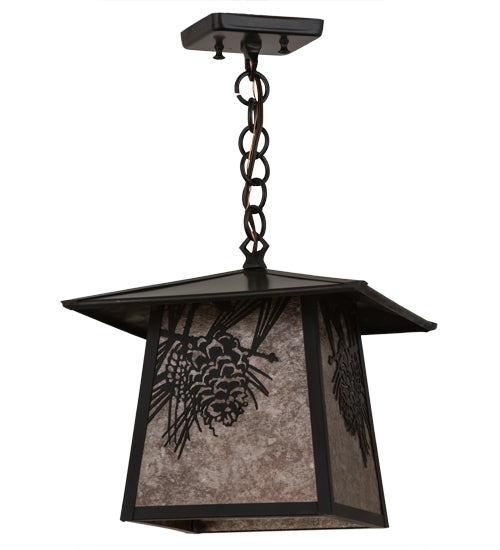Meyda Lighting Stillwater 17" Craftsman Brown Winter Pine Pendant Light With Silver Mica Shade Glass
