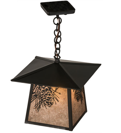 Meyda Lighting Stillwater 17" Craftsman Brown Winter Pine Pendant Light With Silver Mica Shade Glass
