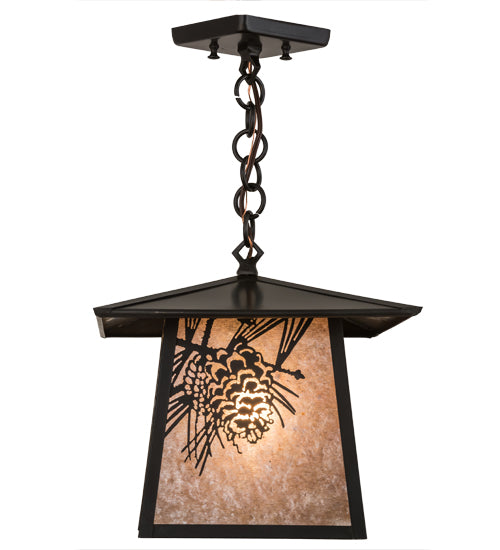 Meyda Lighting Stillwater 17" Craftsman Brown Winter Pine Pendant Light With Silver Mica Shade Glass