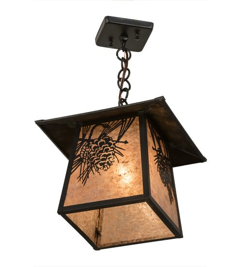 Meyda Lighting Stillwater 17" Craftsman Brown Winter Pine Pendant Light With Silver Mica Shade Glass