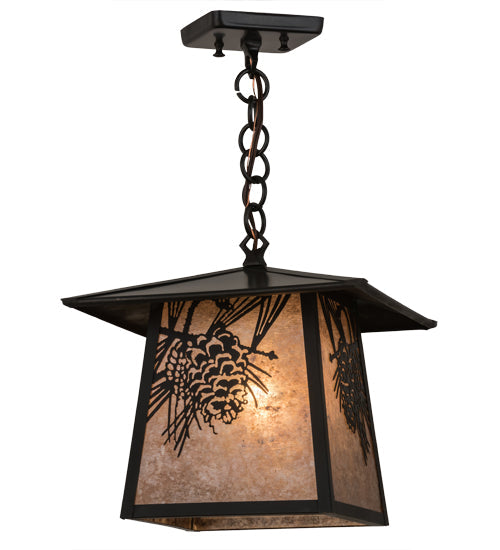 Meyda Lighting Stillwater 17" Craftsman Brown Winter Pine Pendant Light With Silver Mica Shade Glass