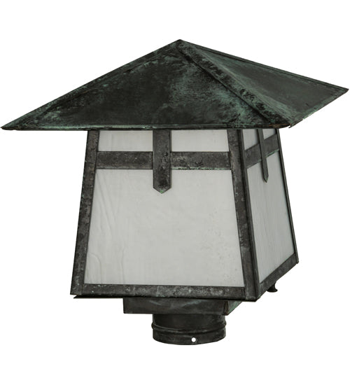 Meyda Lighting Stillwater 17" Craftsman Verdigris Cross Mission Outdoor Post Mount Light With White Art Shade Glass