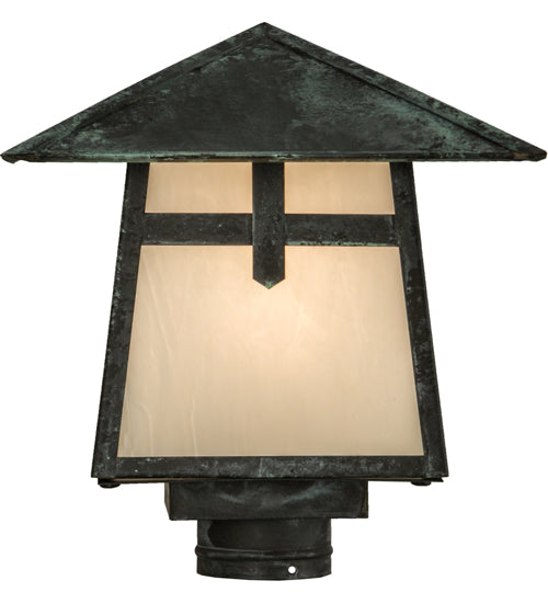 Meyda Lighting Stillwater 17" Craftsman Verdigris Cross Mission Outdoor Post Mount Light With White Art Shade Glass
