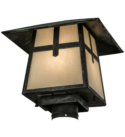 Meyda Lighting Stillwater 17" Craftsman Verdigris Cross Mission Outdoor Post Mount Light With White Art Shade Glass