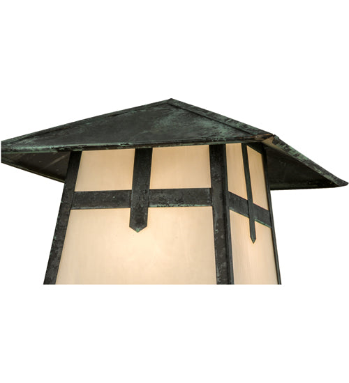 Meyda Lighting Stillwater 17" Craftsman Verdigris Cross Mission Outdoor Post Mount Light With White Art Shade Glass