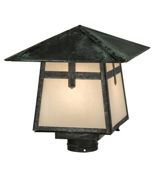 Meyda Lighting Stillwater 17" Craftsman Verdigris Cross Mission Outdoor Post Mount Light With White Art Shade Glass