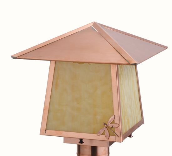 Meyda Lighting Stillwater 17" Natural Copper Dragonfly Post Mount Light With Beige Art Shade Glass