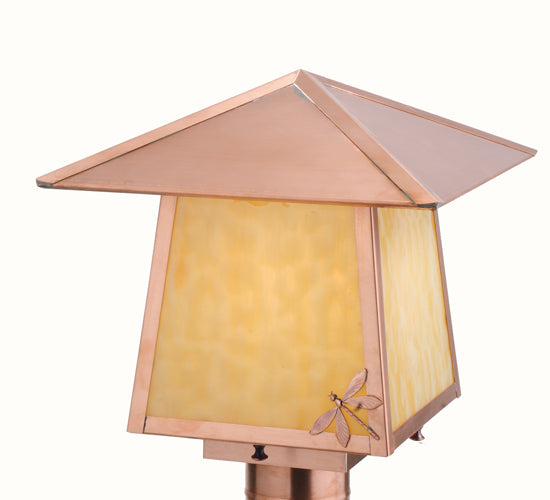 Meyda Lighting Stillwater 17" Natural Copper Dragonfly Post Mount Light With Beige Art Shade Glass