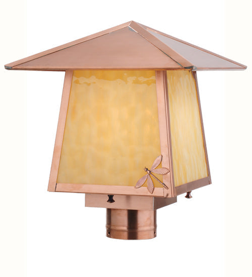 Meyda Lighting Stillwater 17" Natural Copper Dragonfly Post Mount Light With Beige Art Shade Glass