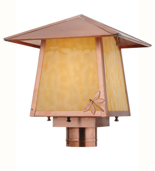 Meyda Lighting Stillwater 17" Natural Copper Dragonfly Post Mount Light With Beige Art Shade Glass