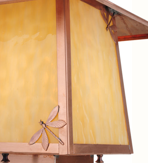 Meyda Lighting Stillwater 17" Natural Copper Dragonfly Post Mount Light With Beige Art Shade Glass