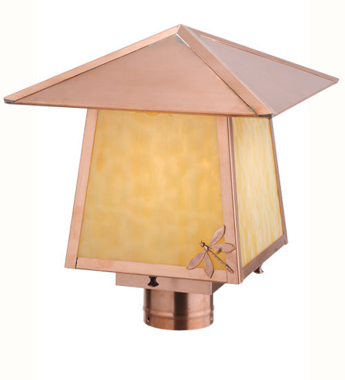 Meyda Lighting Stillwater 17" Natural Copper Dragonfly Post Mount Light With Beige Art Shade Glass