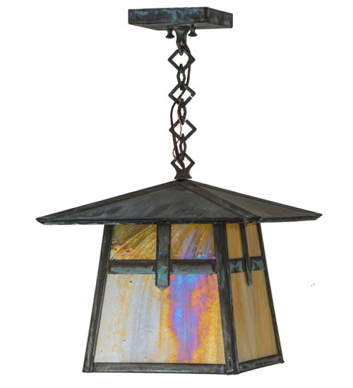 Meyda Lighting Stillwater 17" Verdigris Cross Mission Pendant Light With Beige Iridescent Shade Glass