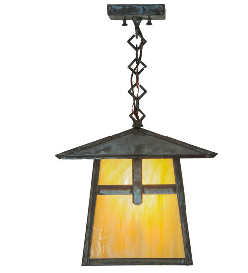 Meyda Lighting Stillwater 17" Verdigris Cross Mission Pendant Light With Beige Iridescent Shade Glass