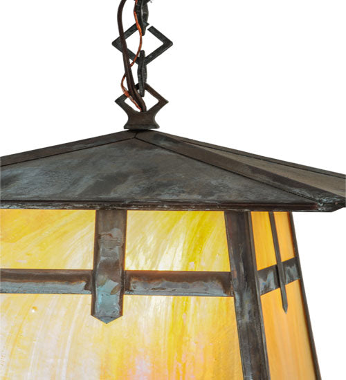 Meyda Lighting Stillwater 17" Verdigris Cross Mission Pendant Light With Beige Iridescent Shade Glass