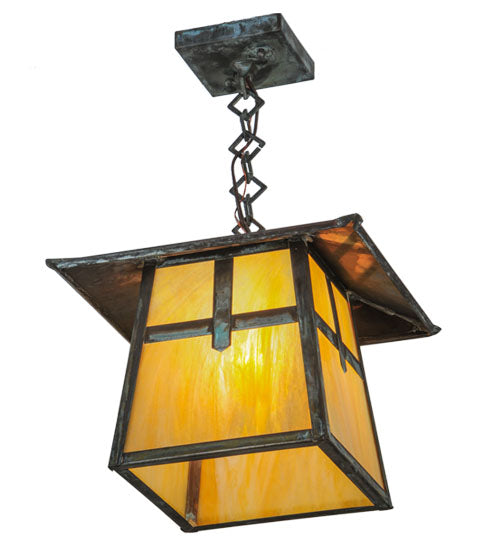 Meyda Lighting Stillwater 17" Verdigris Cross Mission Pendant Light With Beige Iridescent Shade Glass