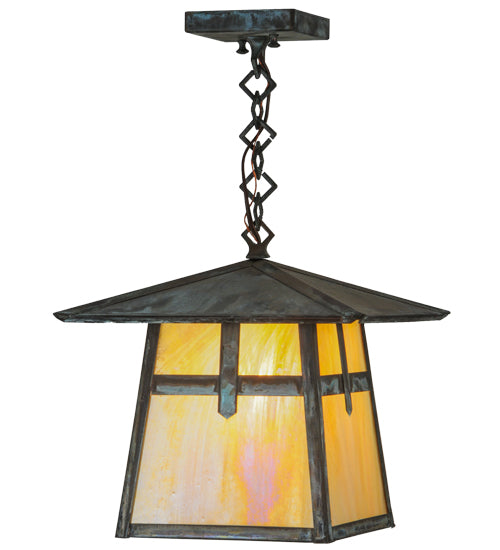 Meyda Lighting Stillwater 17" Verdigris Cross Mission Pendant Light With Beige Iridescent Shade Glass