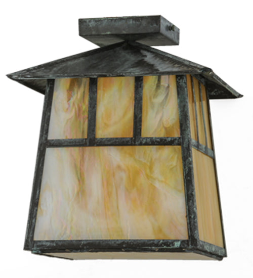 Meyda Lighting Stillwater 17" Verdigris Double Bar Mission Flush Mount Light With Beige Iridescent Shade Glass