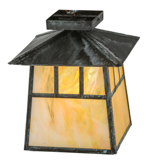 Meyda Lighting Stillwater 17" Verdigris Double Bar Mission Flush Mount Light With Beige Iridescent Shade Glass
