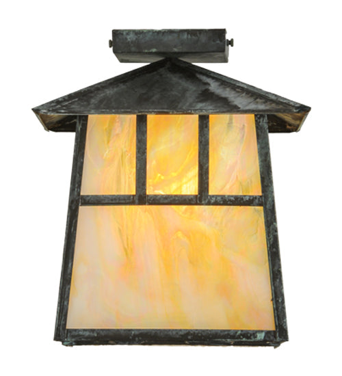 Meyda Lighting Stillwater 17" Verdigris Double Bar Mission Flush Mount Light With Beige Iridescent Shade Glass
