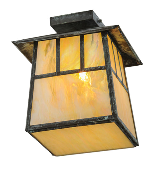 Meyda Lighting Stillwater 17" Verdigris Double Bar Mission Flush Mount Light With Beige Iridescent Shade Glass
