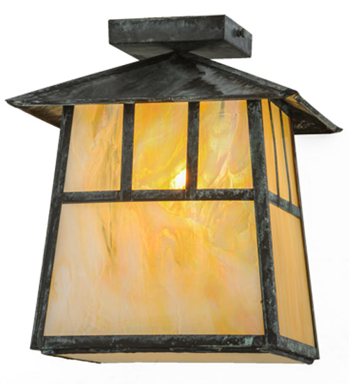Meyda Lighting Stillwater 17" Verdigris Double Bar Mission Flush Mount Light With Beige Iridescent Shade Glass
