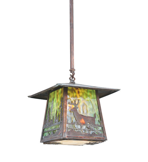 Meyda Lighting Stillwater 17" Vintage Copper Deer Creek Pendant Light With Green Shade Glass