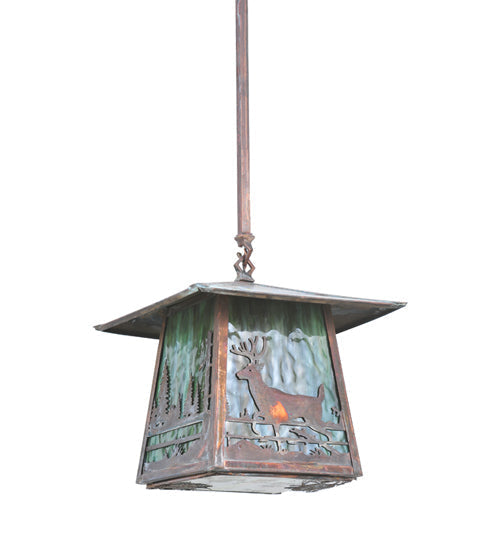 Meyda Lighting Stillwater 17" Vintage Copper Deer Creek Pendant Light With Green Shade Glass