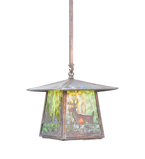 Meyda Lighting Stillwater 17" Vintage Copper Deer Creek Pendant Light With Green Shade Glass