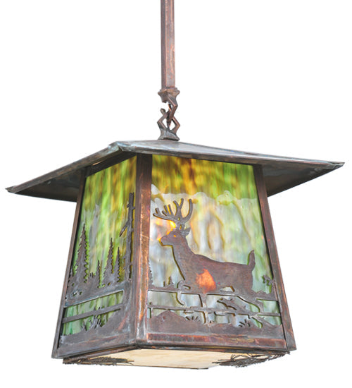 Meyda Lighting Stillwater 17" Vintage Copper Deer Creek Pendant Light With Green Shade Glass