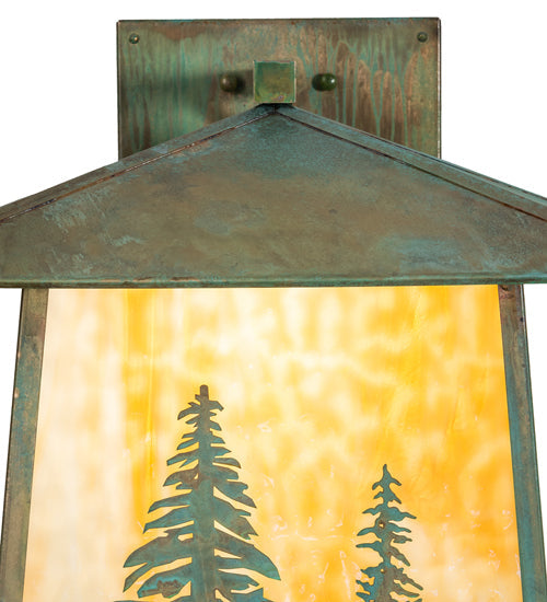 Meyda Lighting Stillwater 18" Verdigris Tall Pines Wall Sconce With Beige Art Shade Glass