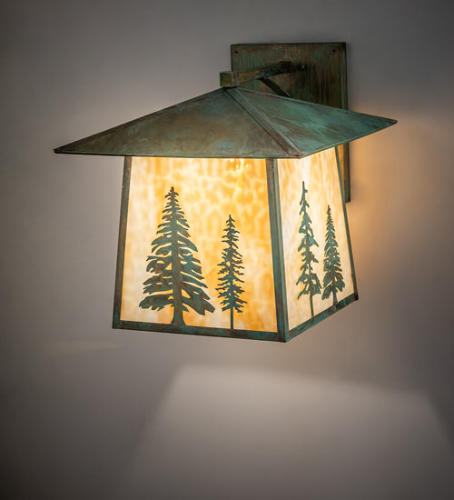 Meyda Lighting Stillwater 18" Verdigris Tall Pines Wall Sconce With Beige Art Shade Glass